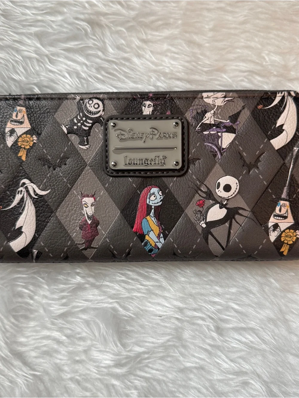 Disney Parks Loungefly Nightmare Before Christmas Gray Argyle Zip Wallet
